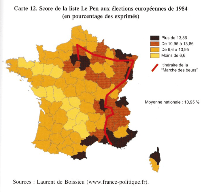 Le Cantal dans l'Archipel français : la carte de France présentant les score du FN en 1984