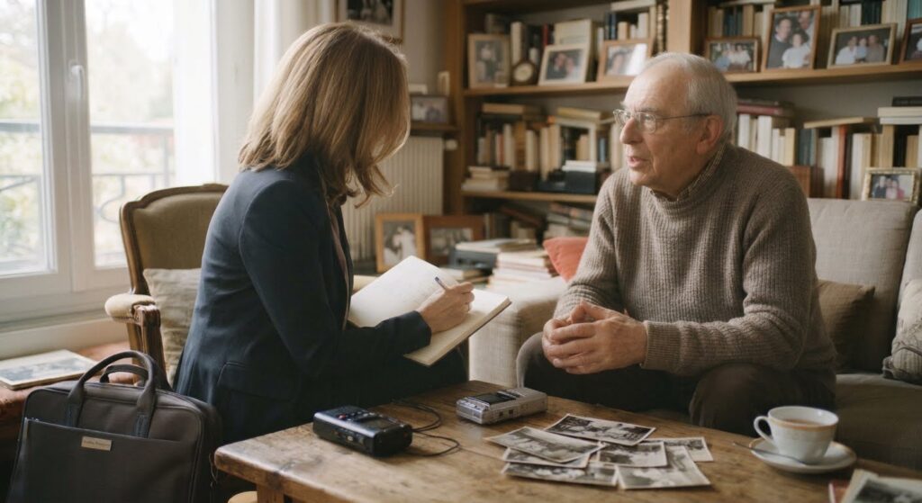 Biographe professionnelle à la silhouette mince vue de dos, ses cheveux dissimulant son visage, en pleine séance d'écoute et de prise de notes avec un narrateur âgé.